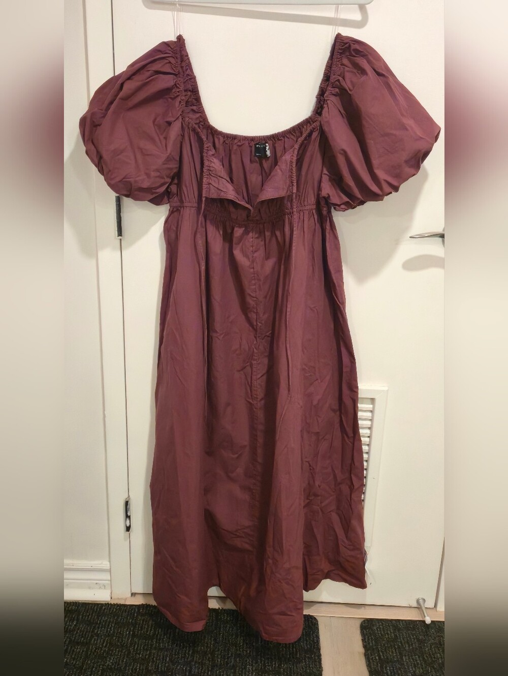 ASOS DESIGN puffed sleeve smock midi dress in burgundy